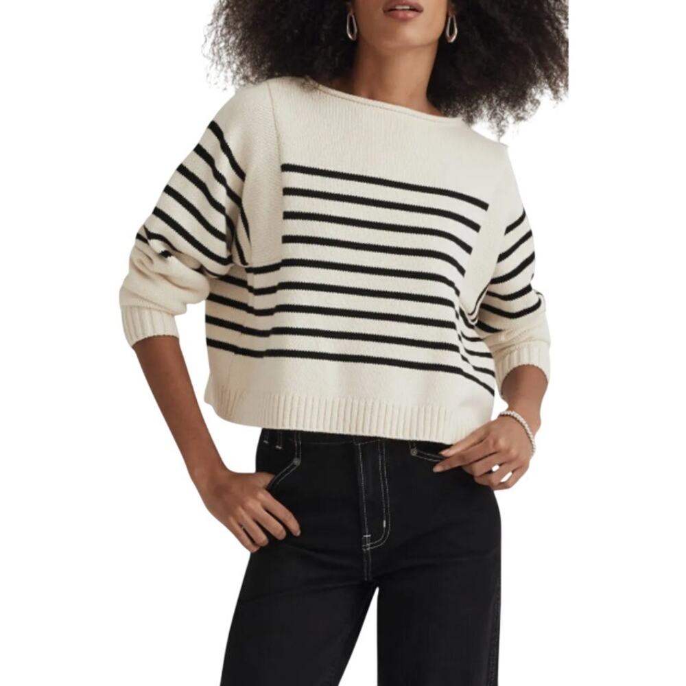 Madewell Cream and Black Striped Crewneck Sweater